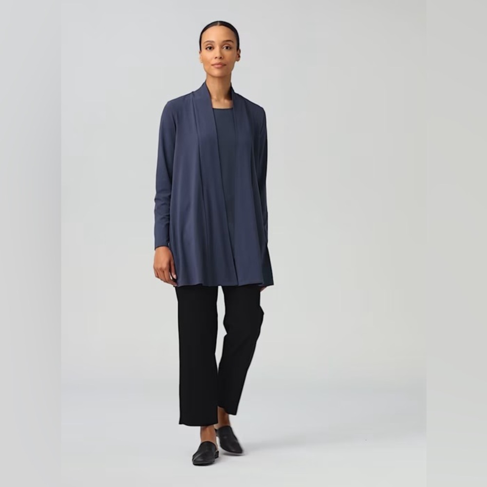 Eileen Fisher Cardigan Stretch Jersey Knit Pockets Open Front Dark Blue Size L